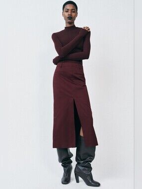 Zara Burgundy Midi Pencil Skirt with Front And Back Slit